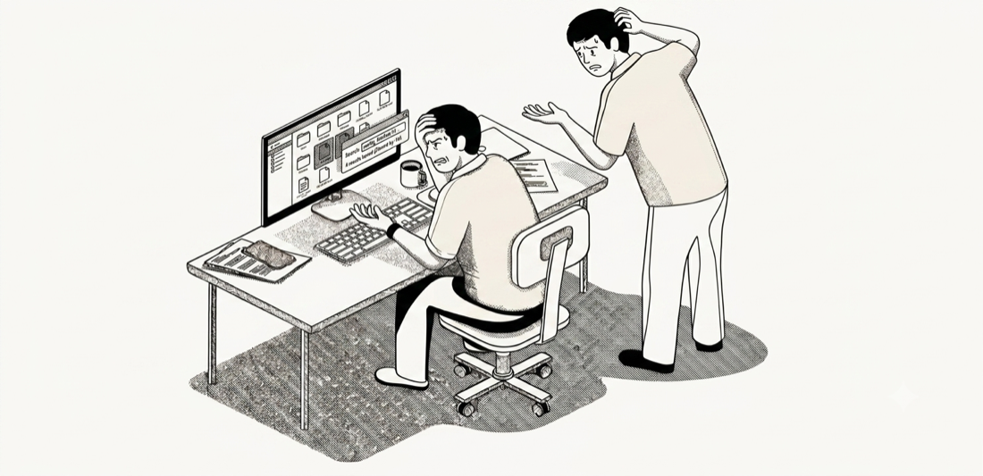 Two people troubleshooting scattered records at a desk